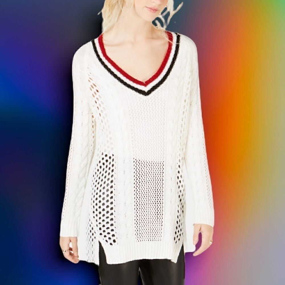 Ultra Flirt by Ikkedi Junior’s Pointelle Varsity Tunic Sweater in size Large